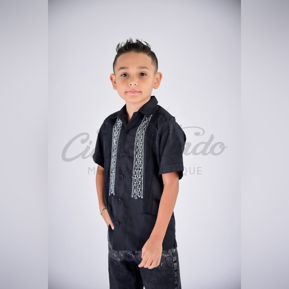 Mexican Fine Cotton Embroidered Guayabera for Babies & Boys Black